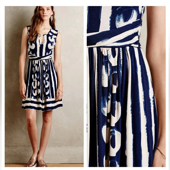 NWT ANTHROPOLOGIE MAEVE Women’s Navy Marin Sennebec Fit & Flare Jersey Dress L - Picture 1 of 8